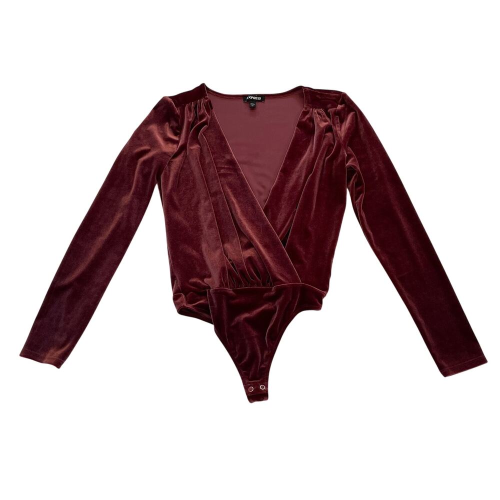 Express Burgundy Velvet Long Sleeve V-Neck Bodysuit, Whimsigoth, Size XS